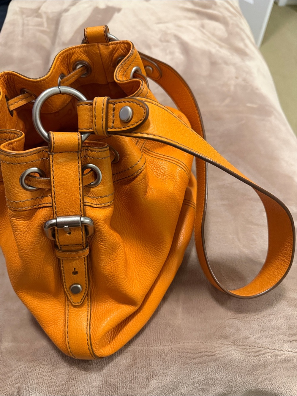 Fossil Orange Pebbled Leather Drawstring Bucket Bag - Picture 4 of 4